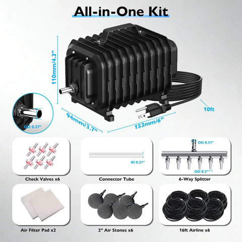 Go-To Outdoor Pond Aerator Kit For Ponds Up To 3500 Gallons with air pump, 6-way splitter, air stones, airline tubing, and check valves