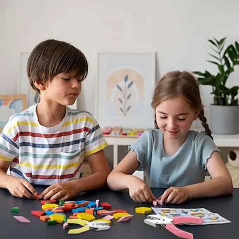 Two children using the 12 Piece Multicolor Single Hole Puncher Set, Quarter Inch Metal Handheld Circle Punch With Soft Grip for crafts.