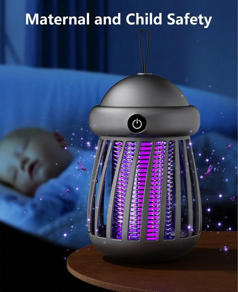 Cordless Indoor Outdoor Bug Zapper With 365Nm UV Light Attracts Mosquitoes Flies Wasps And Moths on bedside table, safety grid visible