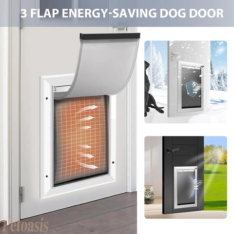 Heavy Duty Dog Door With Three Flap Design And Rust Proof Aluminum Frame For Smooth Indoor Outdoor Pet Access Built Dang Tough showing energy-saving design.