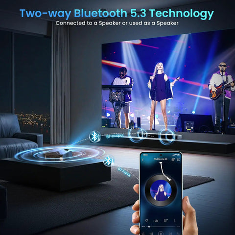Ultra Bright 4K Outdoor Projector With WiFi 6 And Bluetooth 5.3 Netflix Ready shown with Bluetooth connection to phone