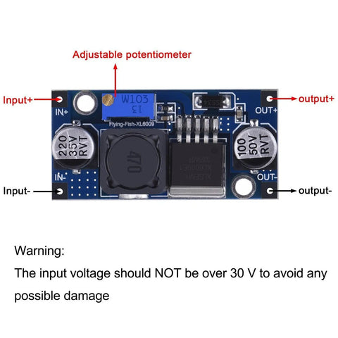 XL6009 Boost Converter Module, Adjustable DC-DC Power Regulator, 3V-32V Input, 3V-30V To 5V-35V Output, front view with components labeled