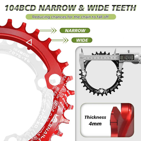 104 BCD narrow wide teeth chainring detail from 170mm MTB Square Taper Crankset for Single Speed, aluminum build.