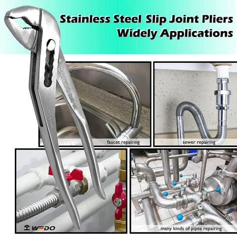 Front view of WEDO stainless steel groove joint pliers, 12in/300mm adjustable water pump pliers with V-jaw