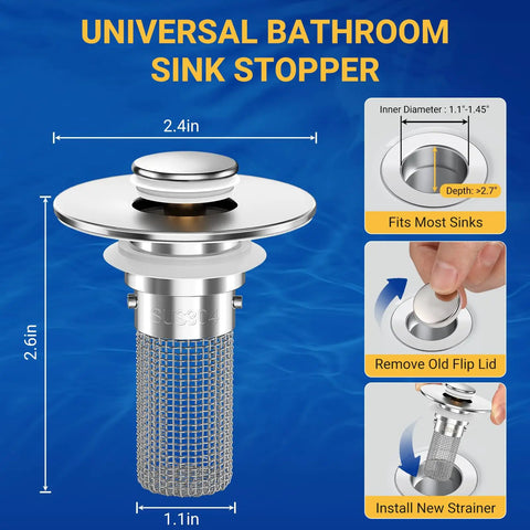 Heavy Duty Bathroom Sink Drain Strainer And Pop Up Stopper With Removable Stainless Steel Hair Catcher Basket Universal Fit For US Fixtures Swipes Hairs Away Fast No Clog Drama 3 Pack