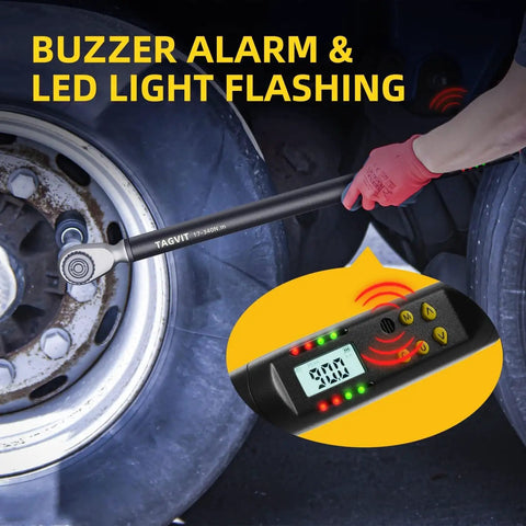 Digital Torque Wrench One Half Inch Drive With Preset Value And Data Storage in use, showing LED and buzzer alerts