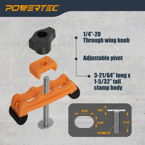 2 Pack Adjustable Mini Hold Down Clamps For T-Track Systems, Boss Level Clamp Action With Multi-Positionable U-Shape Design, Reinforced Plastic Bodies, And 1/4-20 Steel Bolts For Drill Press, Router Table, CNC Machine And More. Orange clamp with 1/4-20 bolt and black wing knob