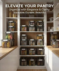Pantry with Six Pack Stackable Black Plastic Storage Bins With Lids 12 Quart Each Modular Organizer Boxes With Secure Latches
