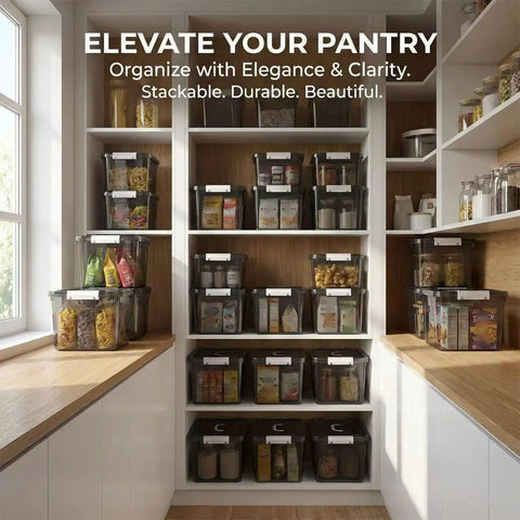 Pantry with Six Pack Stackable Black Plastic Storage Bins With Lids 12 Quart Each Modular Organizer Boxes With Secure Latches