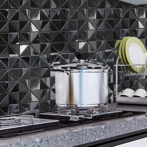 Kitchen with stainless steel backsplash tiles peel and stick 10 sheets with 3D brushed windmill pattern in black, stove view.
