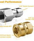 Two 3/8-inch quick-connect fittings: stainless steel male plug and brass female socket with NPT threads