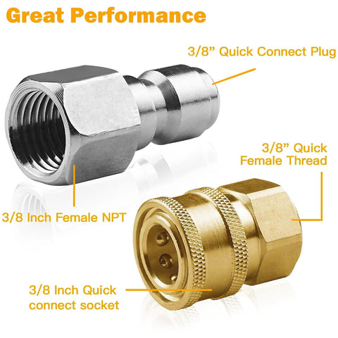 Two 3/8-inch quick-connect fittings: stainless steel male plug and brass female socket with NPT threads