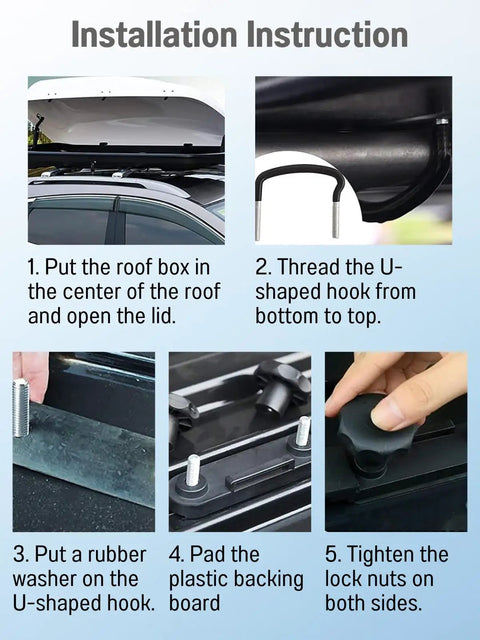 Installation steps for Four Pack Roof Box U Bolt Clamps Set With Eight Lock Nuts And Two Straps, showing setup process on car roof.