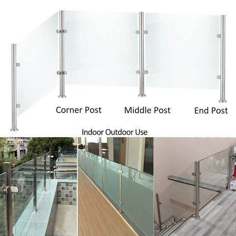 Super Heavy Duty Stainless Steel Glass Railing Baluster Post Clamp For Decks Patios And Balconies Slick Square Design with corner, middle, and end posts.