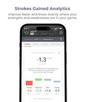Smart Golf Sensors System With Automatic Game Tracking AI Caddie AI GPS Rangefinder app showing strokes gained analytics on phone screen