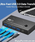 Hassle Free 4K 60Hz DisplayPort KVM Switch with USB 3.0 ports and cables connected, suitable for dual computer setups.