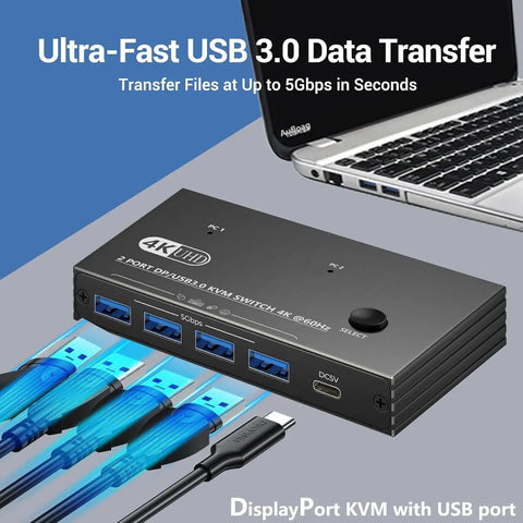 Hassle Free 4K 60Hz DisplayPort KVM Switch with USB 3.0 ports and cables connected, suitable for dual computer setups.