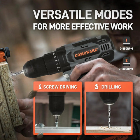 20V Cordless Drill Kit That Tackles Tough Jobs Like a Pro in use, showing versatile modes for screw driving and drilling.