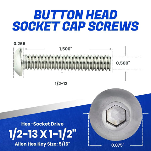 Hella Durable 1/2-13 X 1-1/2 Button Head Socket Cap Screws Crafted From Premium 18-8 Stainless Steel For Knockout Rust Prevention And Heavy Duty Garage Assembly Projects 5 Pack with dimensions and hex-socket drive details.