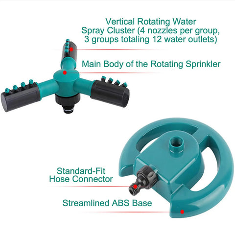 Large Round Base Automatic Rotation Sprinkler with ABS base, adjustable spray pattern, hose connector for lawn and garden watering
