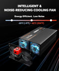 Beefed Up 2000W Pure Sine Wave Inverter with Remote Control showing cooling fan and temperature range for efficient operation