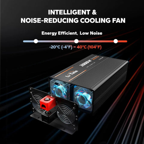 Beefed Up 2000W Pure Sine Wave Inverter with Remote Control showing cooling fan and temperature range for efficient operation