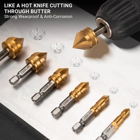 Six Piece Countersink Drill Bit Set With M35 Cobalt HSS For Metal Wood Stainless Steel And Carbon Steel Includes One Quarter Inch Quick Change Hex Shank For Easy Tooling And Precision Bevels displayed on surface