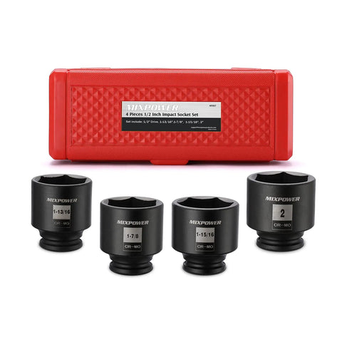 1/2-Inch Drive Impact Socket Set 6-Point Cr-Mo Heavy-Duty 4-Piece with 1-13/16, 1-7/8, 1-15/16, 2 Inch Sockets in case