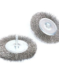 Two pieces from the Four Piece Three Inch Stainless Steel Wire Wheel Brush Kit for Drills with One Quarter Inch Shank.