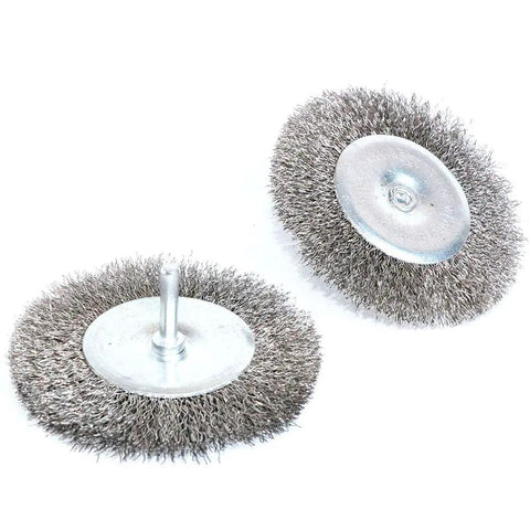 Two pieces from the Four Piece Three Inch Stainless Steel Wire Wheel Brush Kit for Drills with One Quarter Inch Shank.
