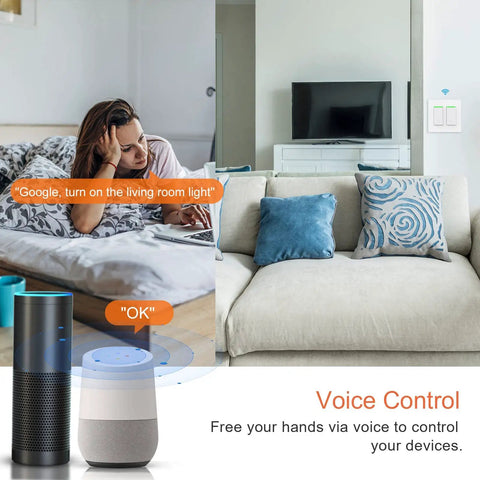 Room scene with woman using Alexa, Google Assistant for Two Gang WiFi Smart Light Switch With Alexa And Google Assistant Voice Control Wireless Control For Single Pole Circuits Neutral Wire Required Works At Two Point Four GHz Includes Two Gang Wall Plate