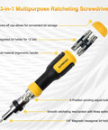 Ratcheting 13-In-1 Multi Bit Screwdriver Set With 180 Degree Pivot Magnetic Bits and ergonomic grip showing bit holder and labels.