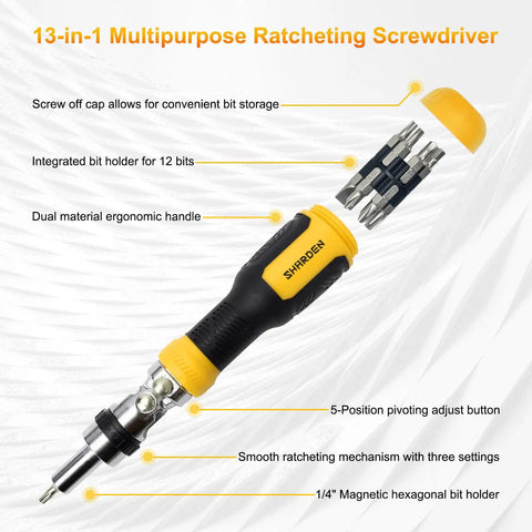 Ratcheting 13-In-1 Multi Bit Screwdriver Set With 180 Degree Pivot Magnetic Bits and ergonomic grip showing bit holder and labels.