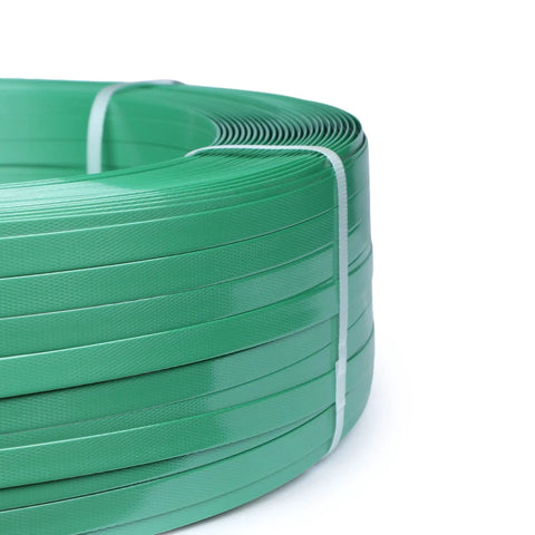 Rock-Solid 5/8" x 0.031" x 3773' PET Strapping Roll, 1014 lb Break Strength for Power Tools and Manual Crimpers, Heavy-Duty Baling Tape Spool close-up.