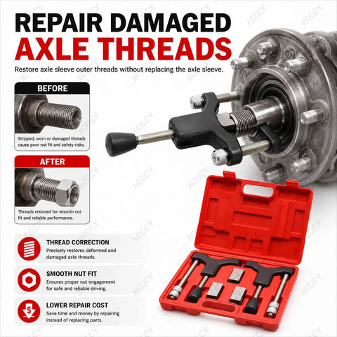 Top Notch GCYXUC Half Shaft Sleeve Thread Corrector Repair Kit on axle hub, adjustable clamp tool and red case