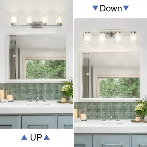 Lit 4 Light Vanity Light With Dual Glass Shades In Brushed Nickel Hardwired Wall Mount Indoor Modern Bath And Kitchen Fixture for bathrooms up and down view