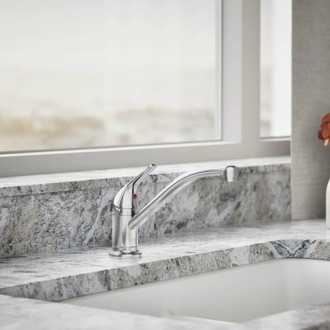 JOLT Swing Spout Faucet Without Side Spray In Metal Construction With Polished Chrome Finish, deck-mounted on marble countertop