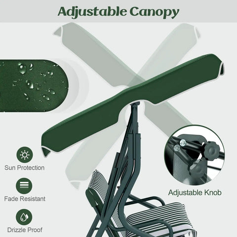 Three Person Porch Swing With Canopy And Removable Cushions, Heavy Duty Powder Coated Steel Frame, adjustable green canopy