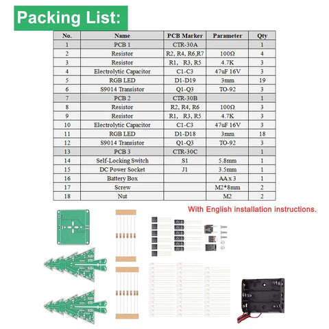 Packing list and components of Christmas Tree Soldering Kit For Beginners Ready To Go Hands On With Easy Instructions All In One Do It Yourself Electronics Practice Project To Build A Festive Glowing Tree And Master Soldering Skills shown.