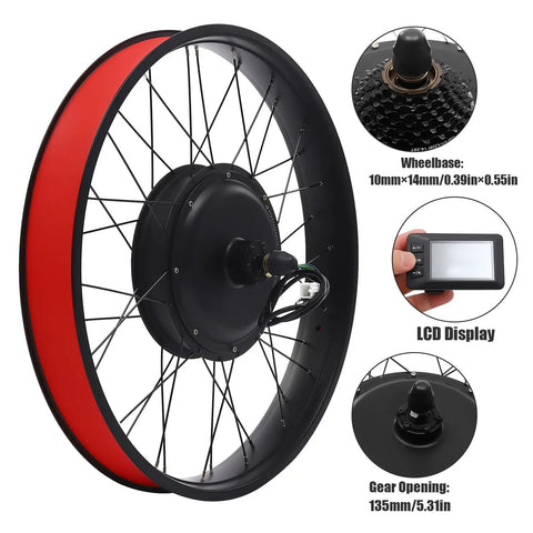 Powerful 1000W Front Wheel Electric Bike Conversion Kit With 48V Battery, shown with wheel, LCD display, and gear opening details.