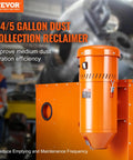 Orange dust collector reclaimer unit labeled with 1-4/5 gallon capacity for medium dust filtration efficiency in industrial setting.