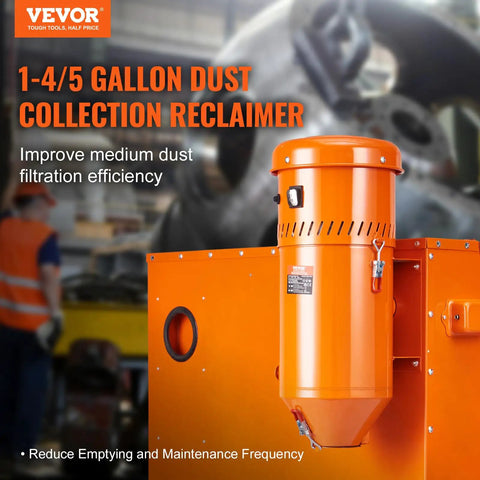 Orange dust collector reclaimer unit labeled with 1-4/5 gallon capacity for medium dust filtration efficiency in industrial setting.