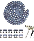 Front view: blue drive chain coil with 116 links, master links, and chain breaker tool