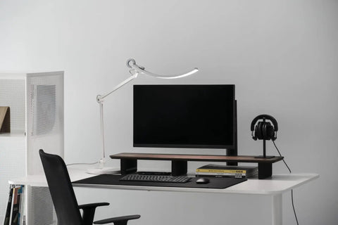 Workspace with Ultrawide Desk Lamp With Eye Care Tech For Your Home Office Reading And Crafting Setup 13 Color Modes Dimmable