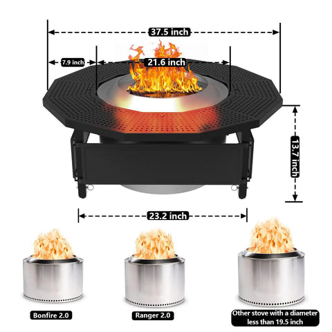 Adjustable Fire Pit Surround Tabletop For Solo Stove Bonfire Ranger Two Point Zero With Coated Steel And UV Resistant Fabric