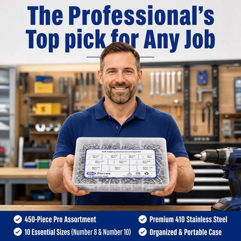Man holding 450 Piece Self Tapping And Self Drilling Screws Set In 410 Stainless Steel Hex Washer Head Kit