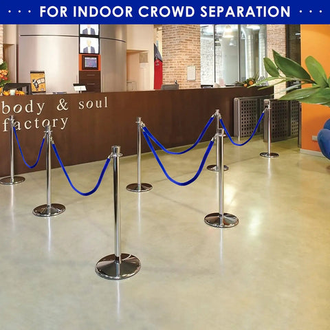 Blue Velvet Stanchion Rope With Polished Gold Hooks 4 Pack Crowd Control Barrier Ropes in use at indoor venue
