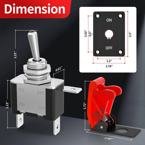12V DC 20A Lighted Toggle Switch 3 Pin On Off SPST LED Illuminated with dimensions and red safety cover
