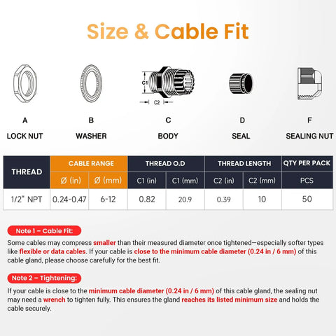 Size and cable fit guide for 50 Pack One Half Inch NPT Cable Gland Waterproof IP68 Nylon Pass Through Cord Grip Connector Strain Relief Wire Grommet