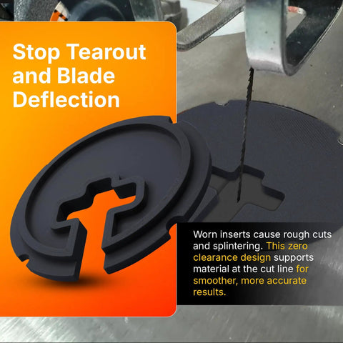 Pro Grade Zero Clearance Table Insert for Dremel 1671 Scroll Saw with fitted zero-clearance insert beside a scroll saw blade.